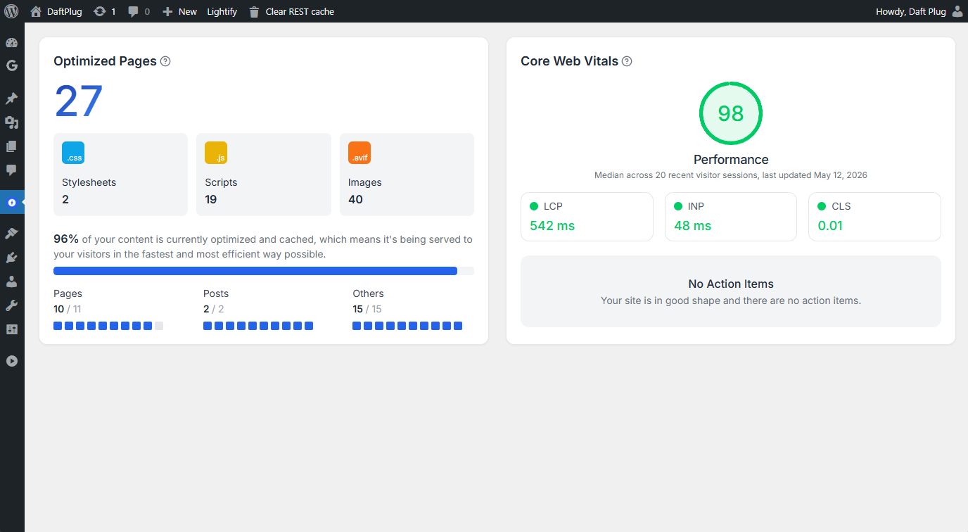 The Lightify overview page, showing the performance score, Core Web Vitals, and optimized pages